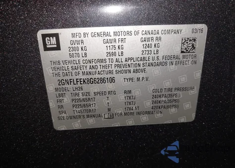 2016 Chevrolet Equinox Lt из США, поврежденный, VIN 2GNFLFEK8G6286106